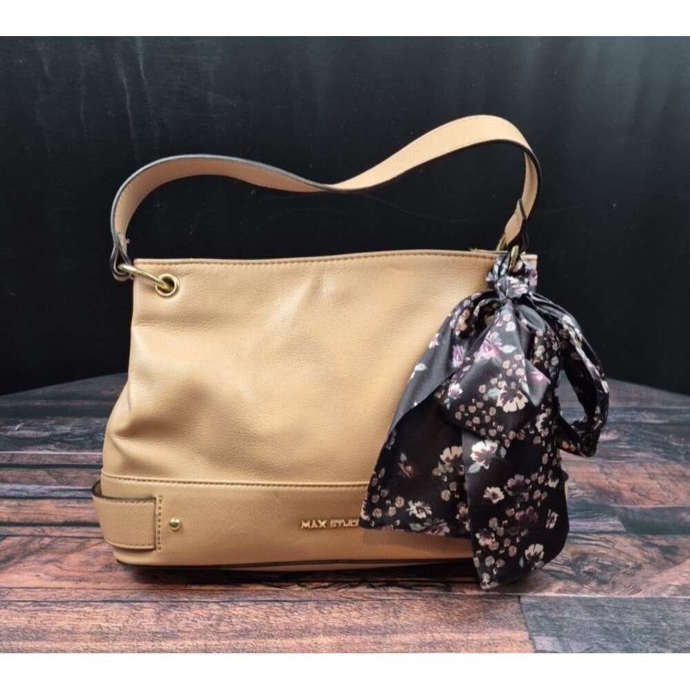 Max Studio Tan Hobo Bag Black Floral Scarf Accent Gold Hardware Single Strap Y2K